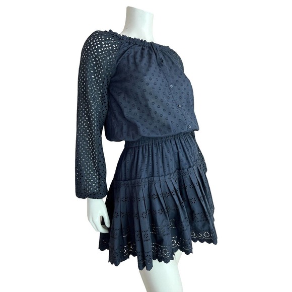 NEW Roller Rabbit Black Arista Dress Eyelet Ruffle Smock Long Sleeve Mini Boho S - Picture 2 of 14